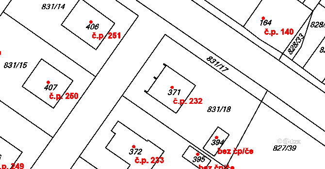 Kyšice 232 na parcele st. 371 v KÚ Kyšice u Plzně, Katastrální mapa