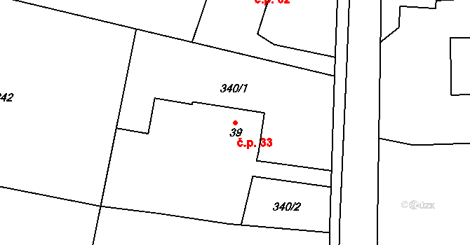 Hrádek 33 na parcele st. 39 v KÚ Hrádek u Rokycan, Katastrální mapa
