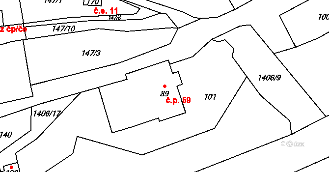 Heřmanice u Oder 59 na parcele st. 89 v KÚ Heřmanice u Oder, Katastrální mapa