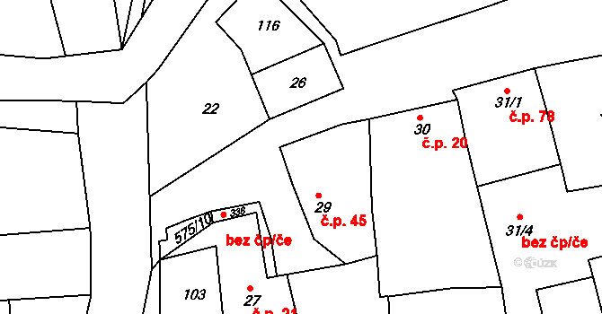 Krušovice 45 na parcele st. 29 v KÚ Krušovice, Katastrální mapa