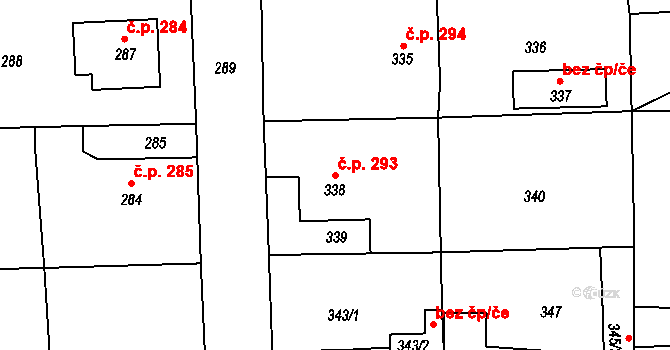 Mšec 293 na parcele st. 338 v KÚ Mšec, Katastrální mapa