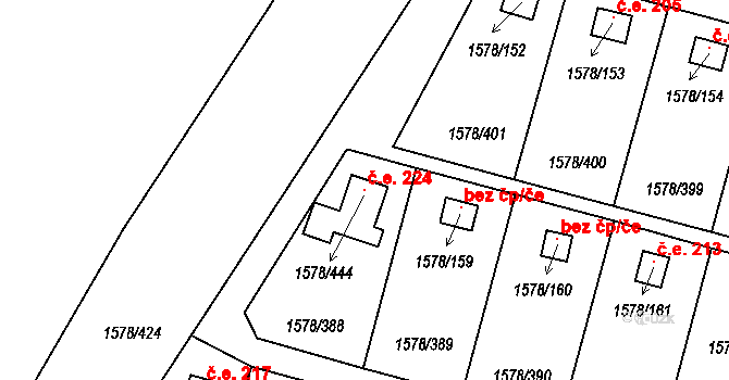 Kosmonosy 224 na parcele st. 1578/444 v KÚ Kosmonosy, Katastrální mapa