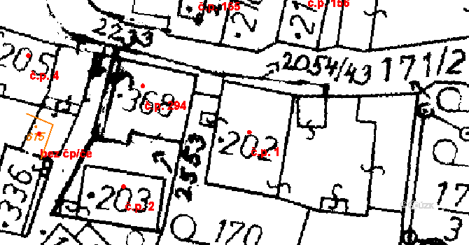 Verneřice 1 na parcele st. 202 v KÚ Verneřice, Katastrální mapa