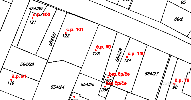 Bašť 99 na parcele st. 123 v KÚ Bašť, Katastrální mapa