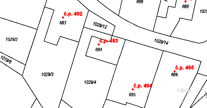 Jablonné v Podještědí 493 na parcele st. 684 v KÚ Jablonné v Podještědí, Katastrální mapa