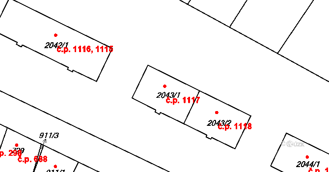 Kyjov 1117 na parcele st. 2043/1 v KÚ Kyjov, Katastrální mapa