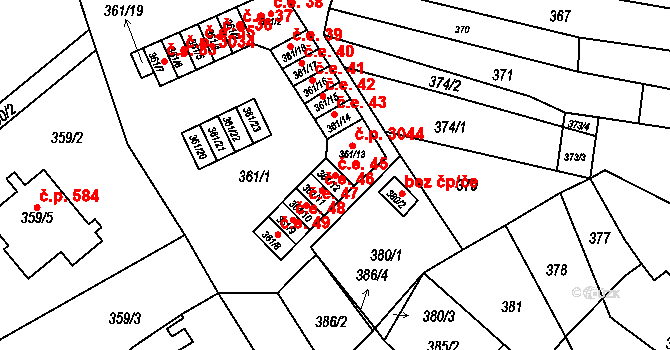 Vyškov-Předměstí 45, Vyškov na parcele st. 361/12 v KÚ Vyškov, Katastrální mapa