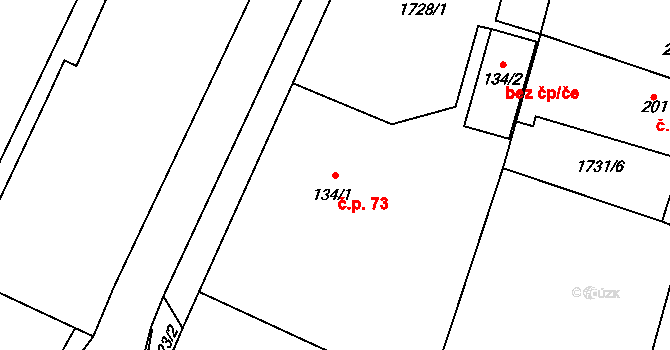Hrusice 73 na parcele st. 134/1 v KÚ Hrusice, Katastrální mapa