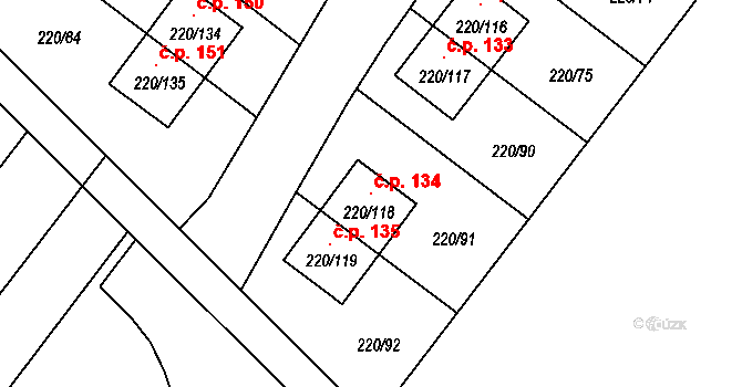 Břuchotín 134, Křelov-Břuchotín na parcele st. 220/118 v KÚ Břuchotín, Katastrální mapa