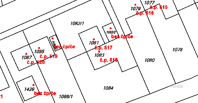 Tuchlovice 518 na parcele st. 1083 v KÚ Tuchlovice, Katastrální mapa