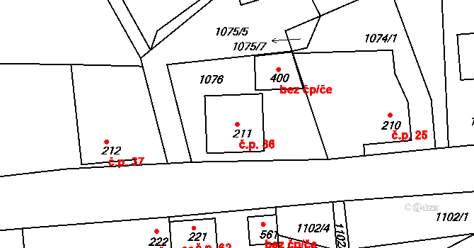 Sedmihorky 36, Karlovice na parcele st. 211 v KÚ Karlovice, Katastrální mapa