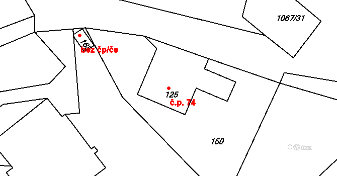 Chmelík 74 na parcele st. 125 v KÚ Chmelík, Katastrální mapa