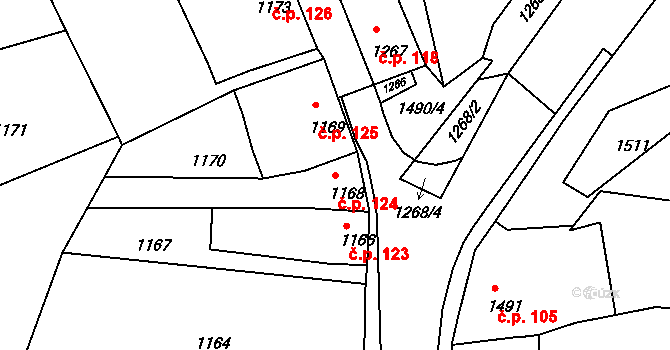 Mimoň IV 124, Mimoň na parcele st. 1168 v KÚ Mimoň, Katastrální mapa