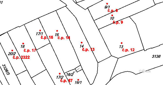 Místek 13, Frýdek-Místek na parcele st. 14 v KÚ Místek, Katastrální mapa