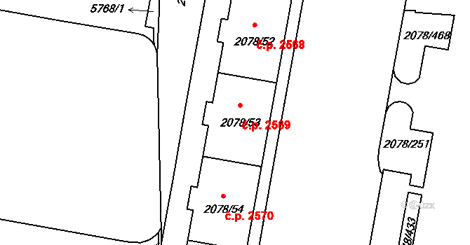 Záběhlice 2569, Praha na parcele st. 2078/53 v KÚ Záběhlice, Katastrální mapa