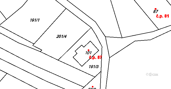 Klášterská Lhota 87 na parcele st. 101 v KÚ Klášterská Lhota, Katastrální mapa