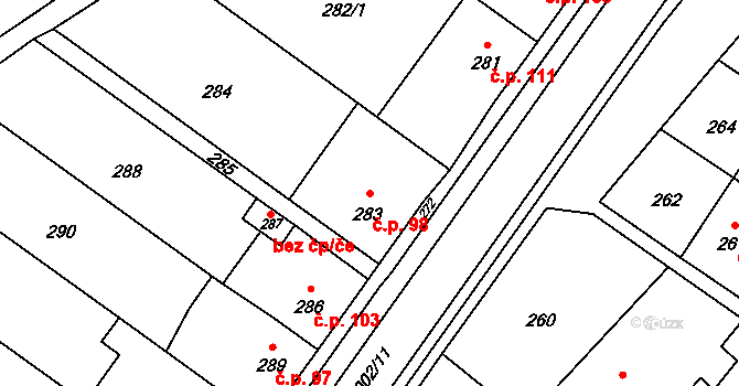 Lošov 98, Olomouc na parcele st. 283 v KÚ Lošov, Katastrální mapa