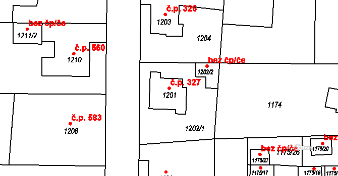 Česká Lípa 327 na parcele st. 1201 v KÚ Česká Lípa, Katastrální mapa