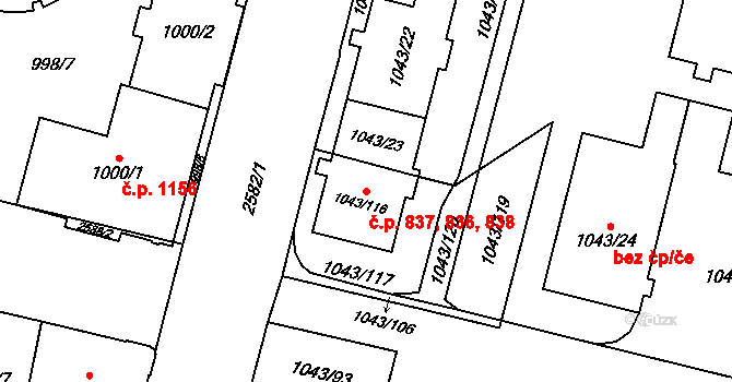 Lobzy 836,837,838, Plzeň na parcele st. 1043/22 v KÚ Doubravka, Katastrální mapa