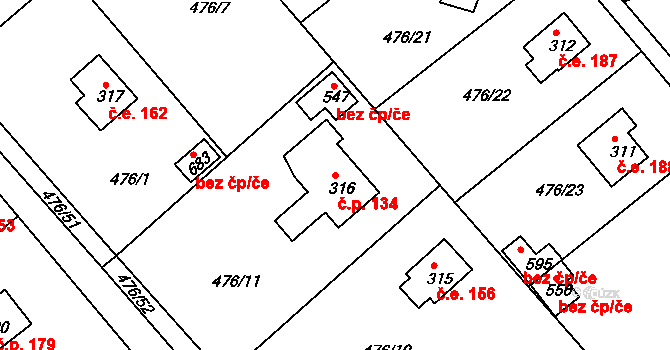 Malé Kyšice 134 na parcele st. 316 v KÚ Malé Kyšice, Katastrální mapa