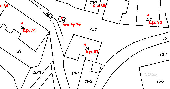 Pětipsy 57 na parcele st. 18 v KÚ Pětipsy, Katastrální mapa