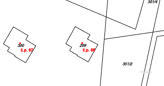 Klečůvka 88, Zlín na parcele st. 299 v KÚ Klečůvka, Katastrální mapa