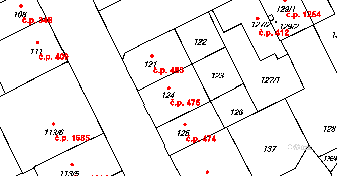 Předměstí 475, Opava na parcele st. 124 v KÚ Opava-Předměstí, Katastrální mapa