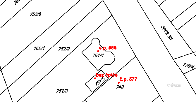 Buchlovice 555 na parcele st. 751/4 v KÚ Buchlovice, Katastrální mapa