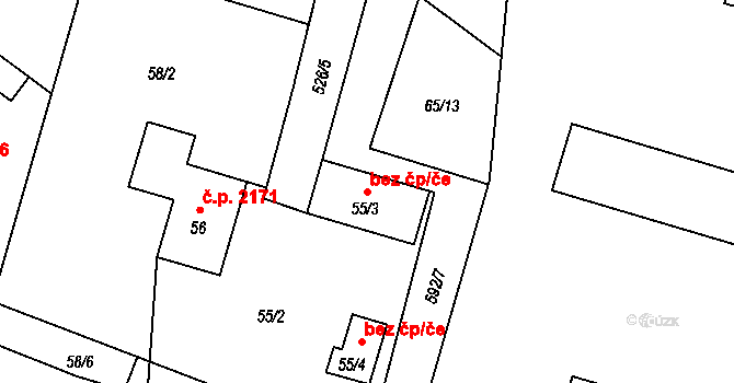 Rožnov pod Radhoštěm 48232203 na parcele st. 55/3 v KÚ Hážovice, Katastrální mapa