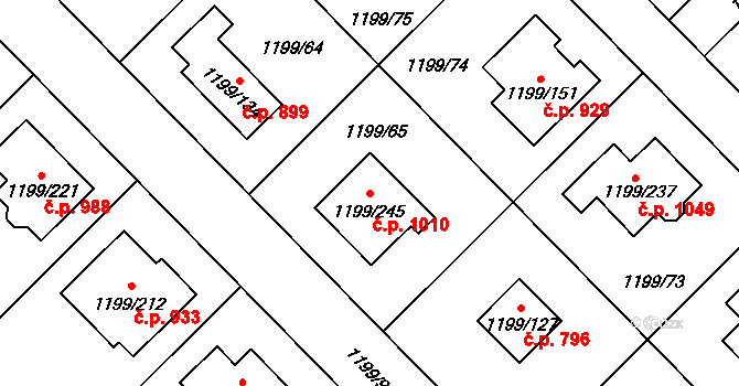 Vejprnice 1010 na parcele st. 1199/245 v KÚ Vejprnice, Katastrální mapa