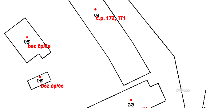 Žerčice 171,172 na parcele st. 1/4 v KÚ Žerčice, Katastrální mapa