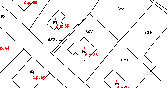 Kadlín 33 na parcele st. 85 v KÚ Kadlín, Katastrální mapa