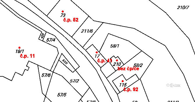 Únětice 41 na parcele st. 17 v KÚ Únětice u Prahy, Katastrální mapa