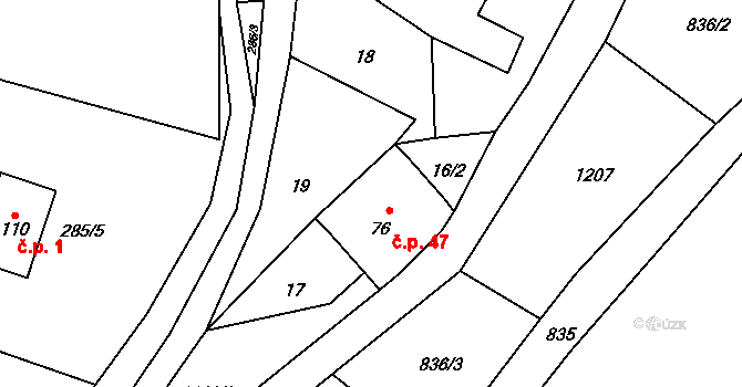 Bystřice 47, Bělá nad Radbuzou na parcele st. 76 v KÚ Bystřice u Bělé nad Radbuzou, Katastrální mapa