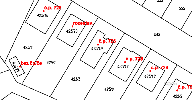 Mikulčice 726 na parcele st. 425/19 v KÚ Mikulčice, Katastrální mapa