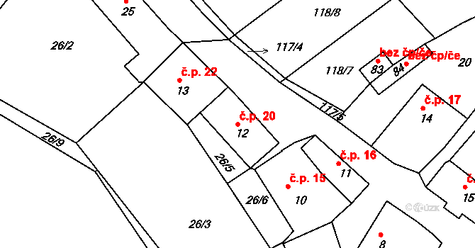 Pěčnov 20 na parcele st. 12 v KÚ Pěčnov, Katastrální mapa