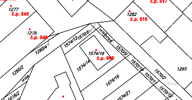 Hrušky 668 na parcele st. 1574/16 v KÚ Hrušky, Katastrální mapa