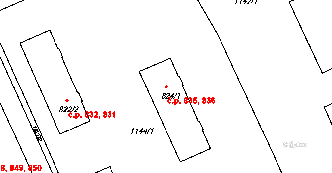 Vamberk 835,836 na parcele st. 824/1 v KÚ Vamberk, Katastrální mapa