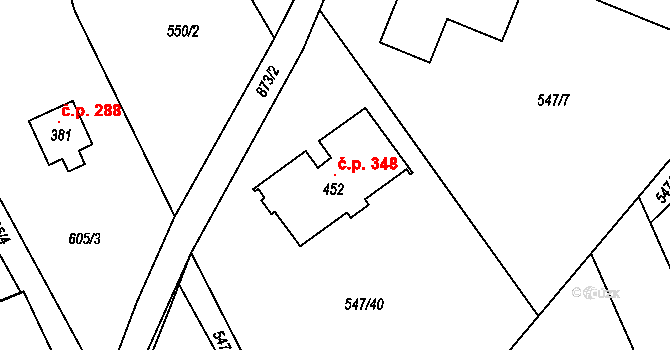 Unčín 348, Krupka na parcele st. 452 v KÚ Unčín u Krupky, Katastrální mapa