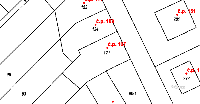 Hluchov 107 na parcele st. 121 v KÚ Hluchov, Katastrální mapa