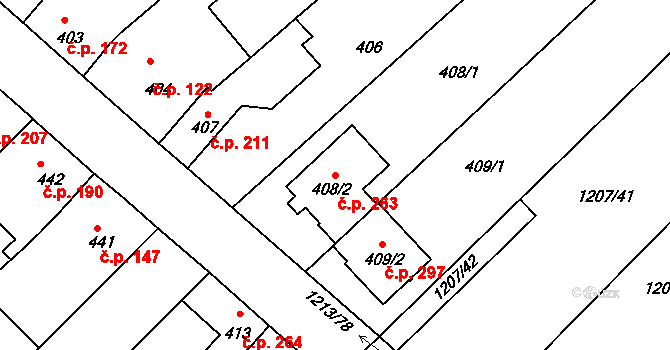 Omice 263 na parcele st. 408/2 v KÚ Omice, Katastrální mapa