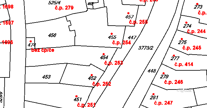 Slavkov u Brna 253 na parcele st. 454/1 v KÚ Slavkov u Brna, Katastrální mapa