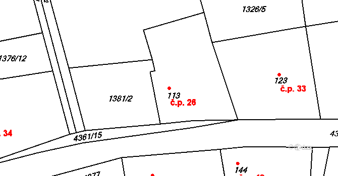 Úročnice 26, Benešov na parcele st. 113 v KÚ Úročnice, Katastrální mapa
