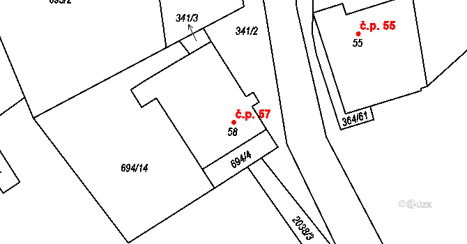 Ostojkovice 57, Budíškovice na parcele st. 58 v KÚ Ostojkovice, Katastrální mapa