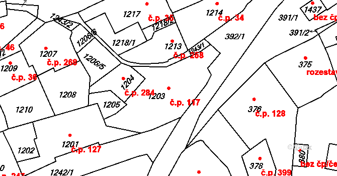 Buštěhrad 117 na parcele st. 1203 v KÚ Buštěhrad, Katastrální mapa