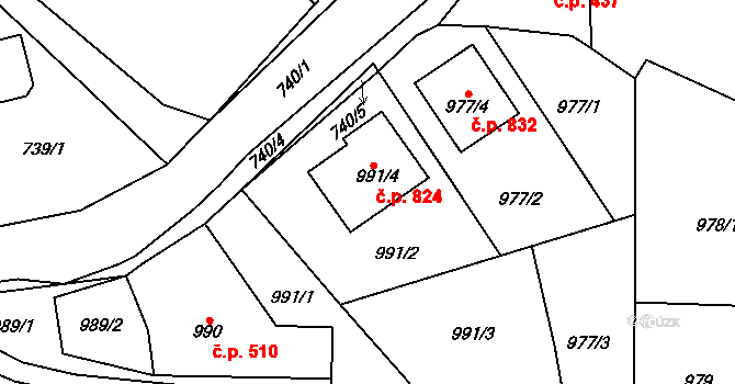 Kynšperk nad Ohří 824 na parcele st. 991/4 v KÚ Kynšperk nad Ohří, Katastrální mapa
