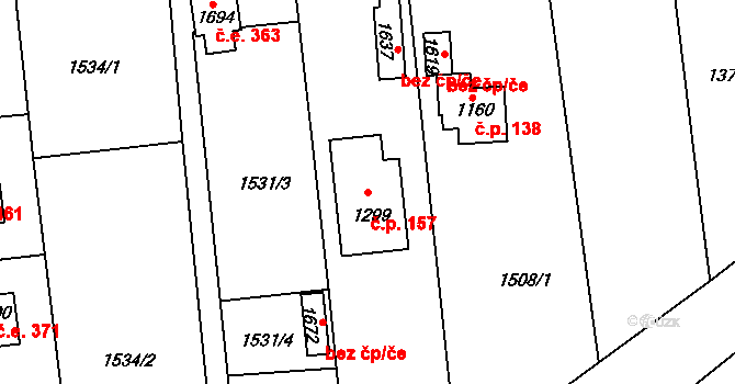 Podkozí 157, Chyňava na parcele st. 1299 v KÚ Chyňava, Katastrální mapa