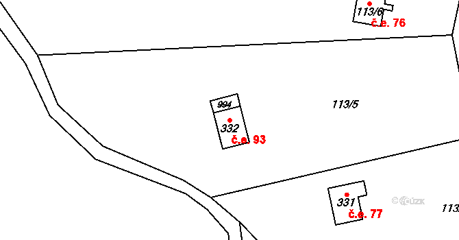 Senohraby 93 na parcele st. 332 v KÚ Senohraby, Katastrální mapa