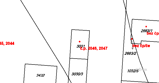 Nymburk 2046,2047 na parcele st. 3031 v KÚ Nymburk, Katastrální mapa