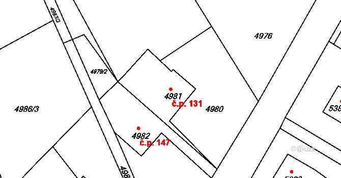 Lískovec 131, Frýdek-Místek na parcele st. 4981 v KÚ Lískovec u Frýdku-Místku, Katastrální mapa
